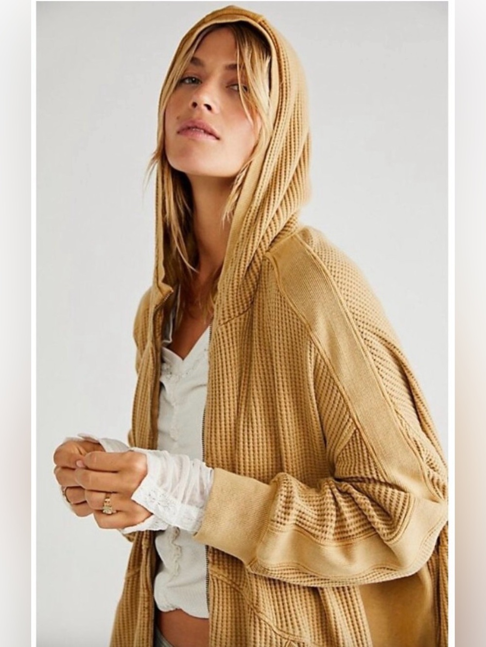Free People Asher Waffle Hoodie in Tan Size XS Oversized